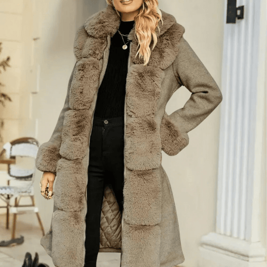 Women's Relaxed Wool-Blend Trench Coat with Faux Fur Trim