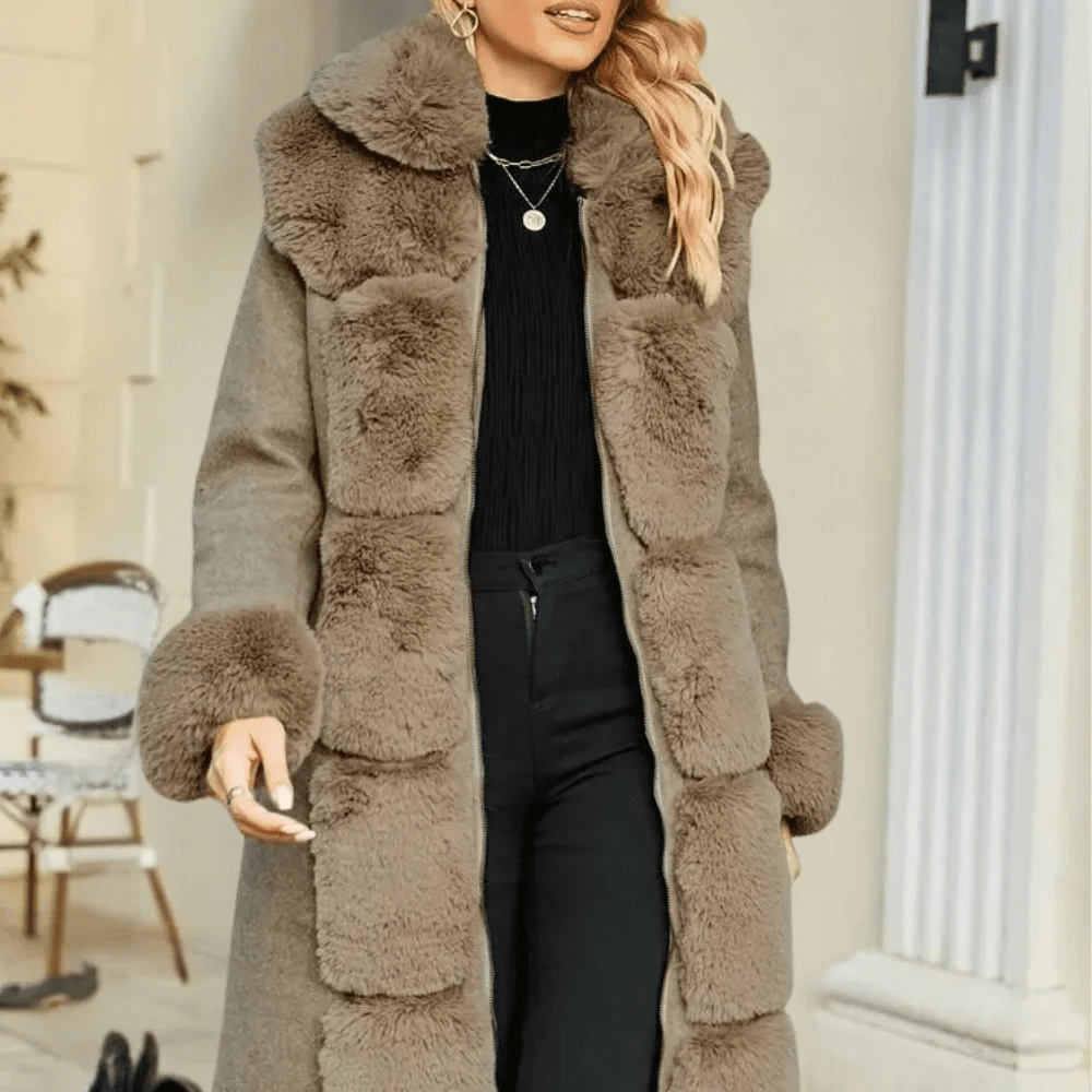 Women's Relaxed Wool-Blend Trench Coat with Faux Fur Trim