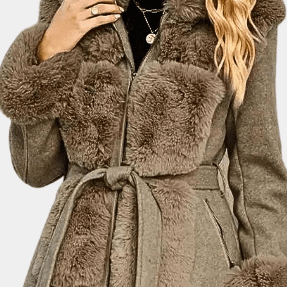 Women's Relaxed Wool-Blend Trench Coat with Faux Fur Trim