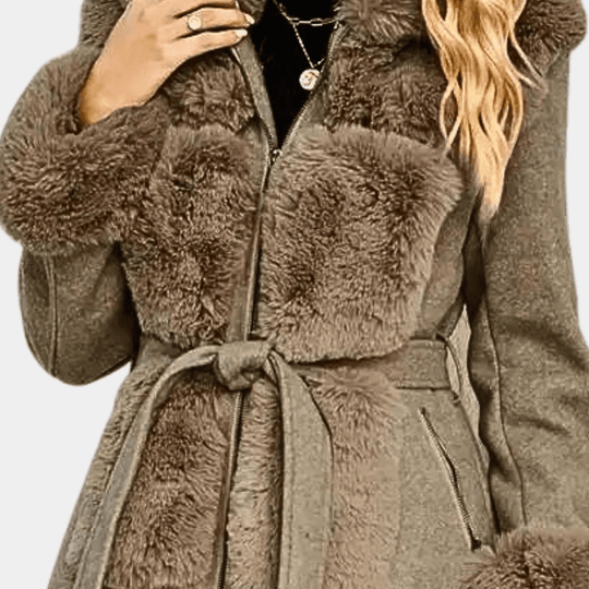 Women's Relaxed Wool-Blend Trench Coat with Faux Fur Trim