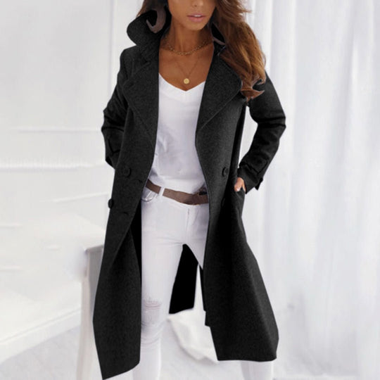 Women's Mid-Length Fleece Trench Coat with Lapel Collar
