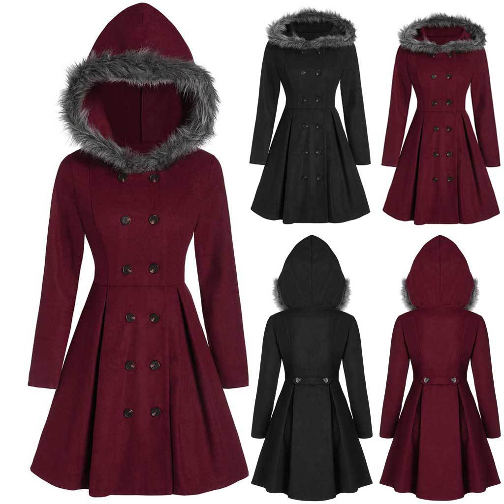 Damen-Dufflecoat mit doppelreihiger Knopfleiste und Pelzkapuze