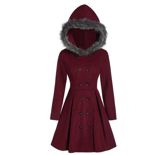 Damen-Dufflecoat mit doppelreihiger Knopfleiste und Pelzkapuze