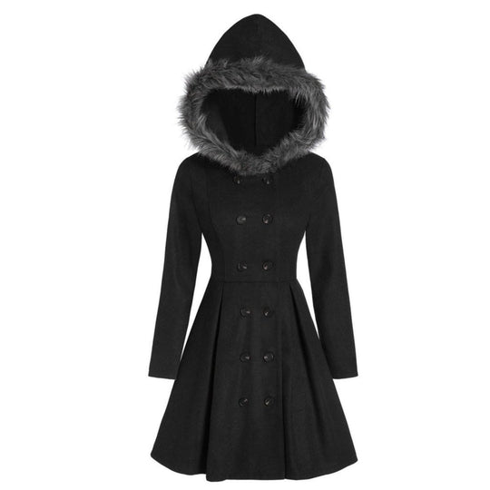 Damen-Dufflecoat mit doppelreihiger Knopfleiste und Pelzkapuze