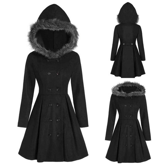 Damen-Dufflecoat mit doppelreihiger Knopfleiste und Pelzkapuze