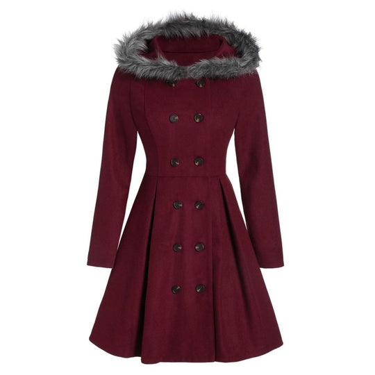 Damen-Dufflecoat mit doppelreihiger Knopfleiste und Pelzkapuze