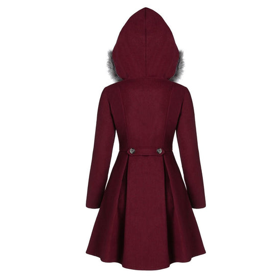 Damen-Dufflecoat mit doppelreihiger Knopfleiste und Pelzkapuze