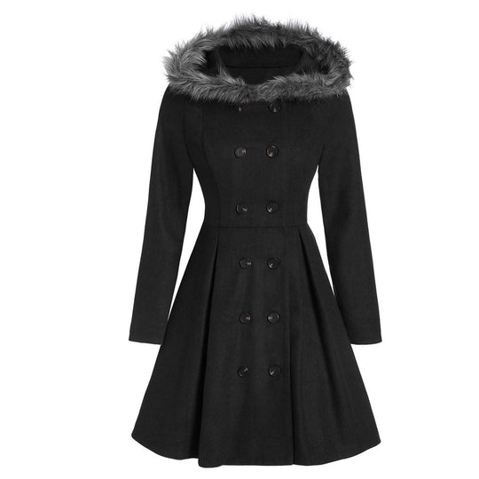 Damen-Dufflecoat mit doppelreihiger Knopfleiste und Pelzkapuze