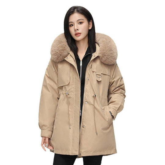 Oversize-Damenparka in mittlerer Länge mit Kunstpelzkapuze