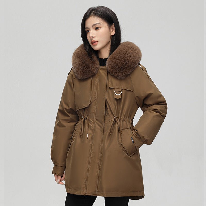 Oversize-Damenparka in mittlerer Länge mit Kunstpelzkapuze