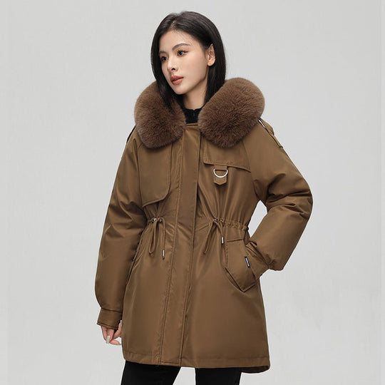 Oversize-Damenparka in mittlerer Länge mit Kunstpelzkapuze
