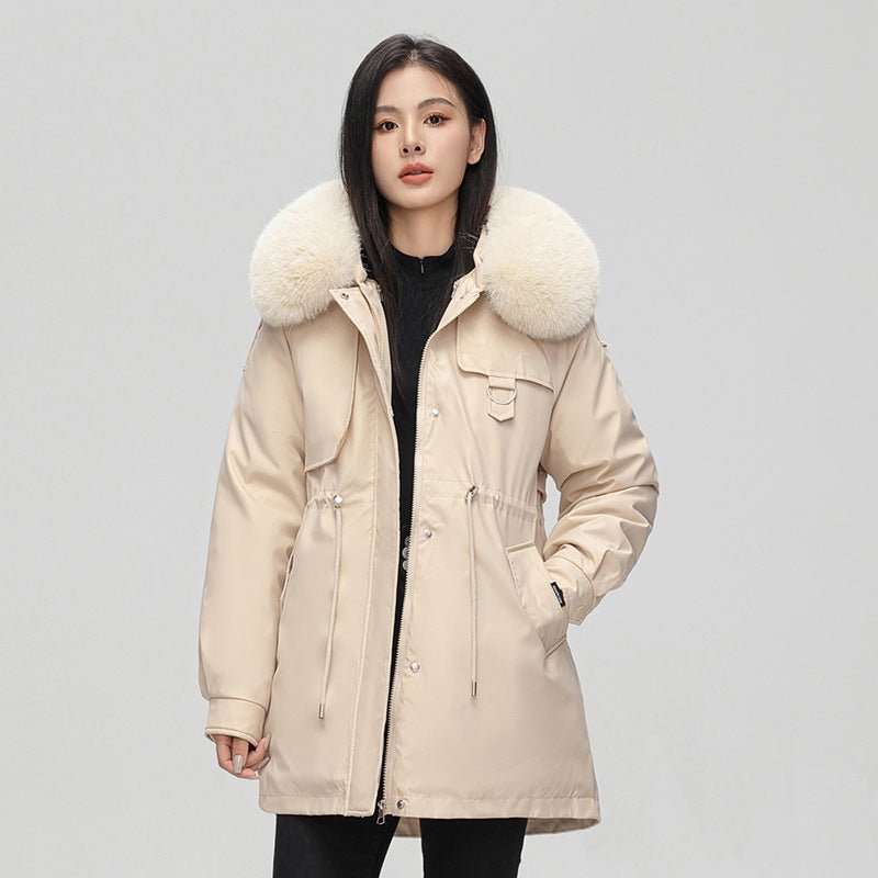 Oversize-Damenparka in mittlerer Länge mit Kunstpelzkapuze