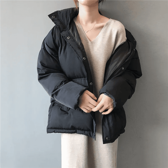Women's Oversized Quilted Parka with High Collar and Snap Closure