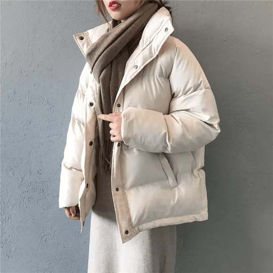 Women's Oversized Quilted Parka with High Collar and Snap Closure