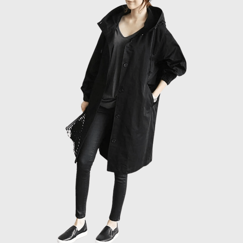 Women's Longline Hooded Trench Coat with Button Front