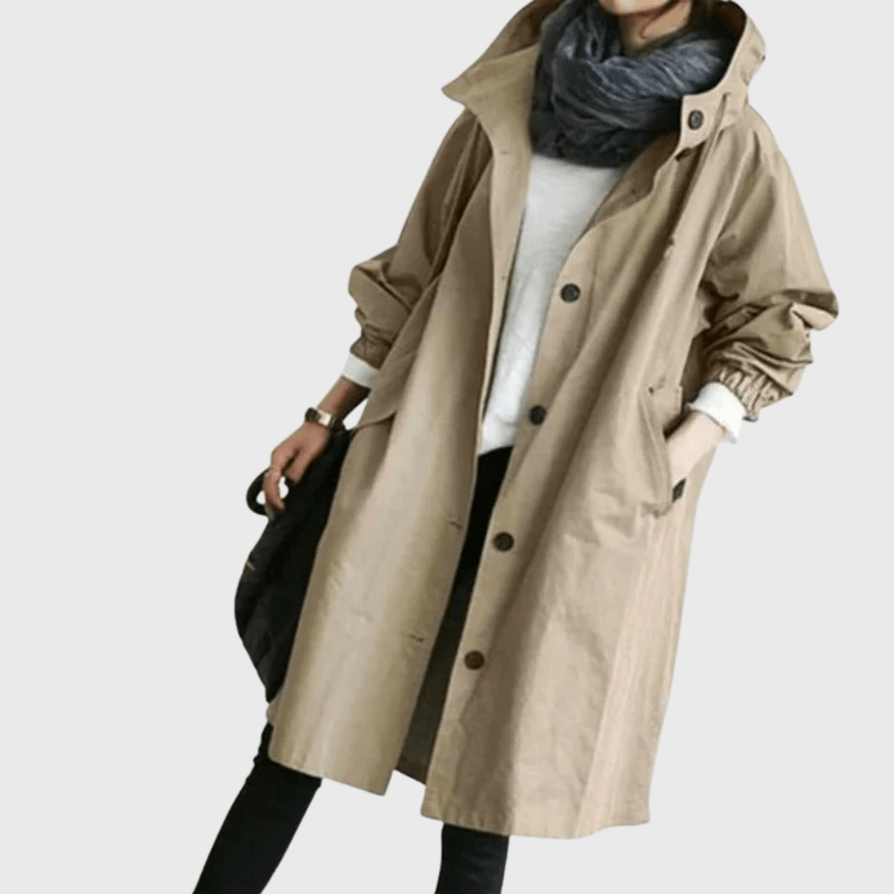Women's Longline Hooded Trench Coat with Button Front