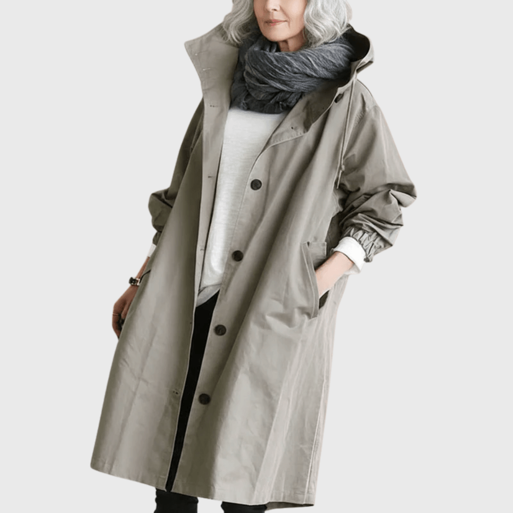Women's Longline Hooded Trench Coat with Button Front