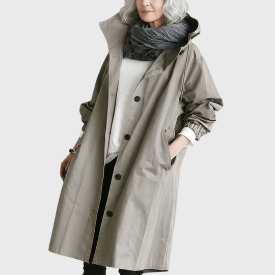 Women's Longline Hooded Trench Coat with Button Front