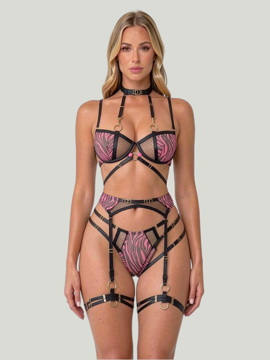 Women's Pink and Black Zebra Satin 3-Piece Lingerie Set with Harness Bra and Cage Belt