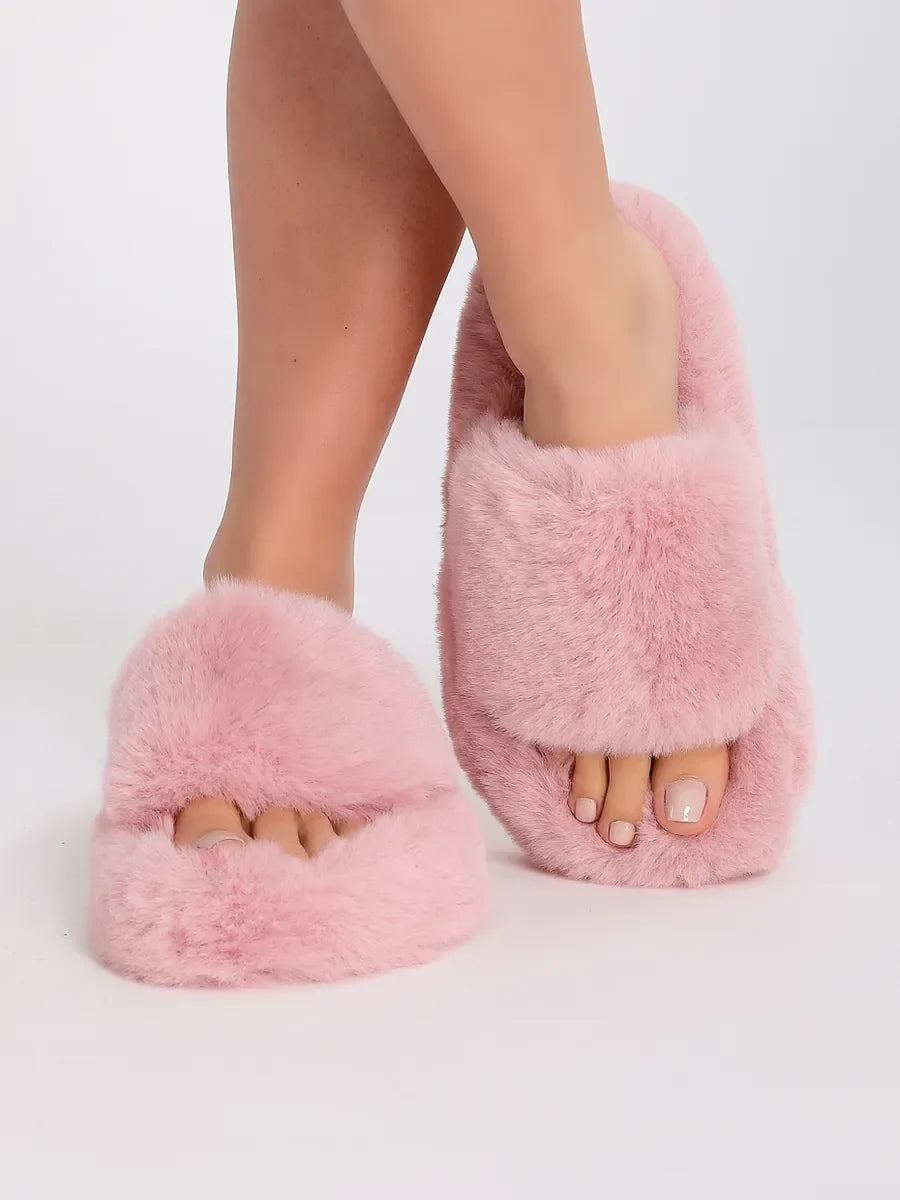 Women's Light Pink Faux Fur Cross-Strap Slippers with Open Toe and Flexible Sole