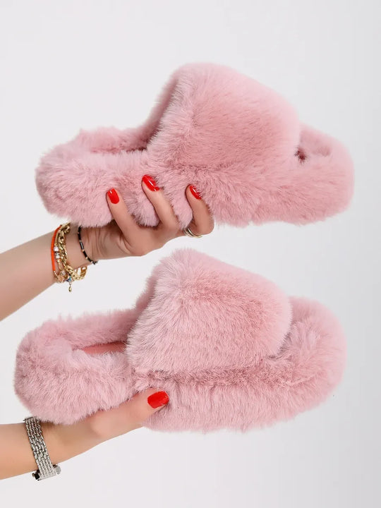 Women's Light Pink Faux Fur Cross-Strap Slippers with Open Toe and Flexible Sole
