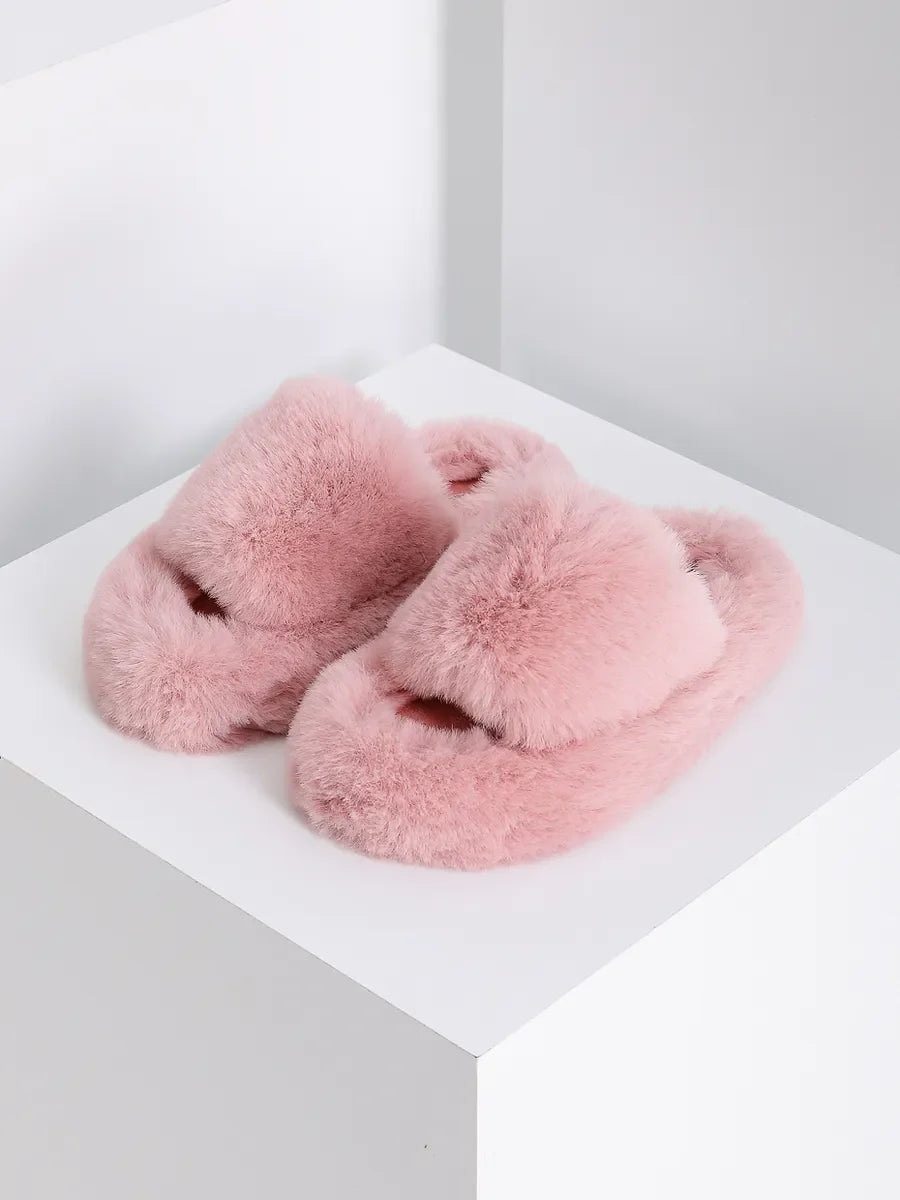 Women's Light Pink Faux Fur Cross-Strap Slippers with Open Toe and Flexible Sole