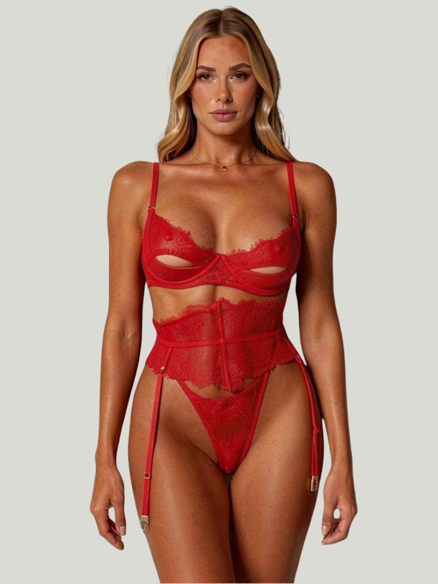 Dreiteiliges Damen-Dessous-Set aus roter Wimpernspitze mit BH mit offenen Cups und hoch tailliertem Strapsgürtel
